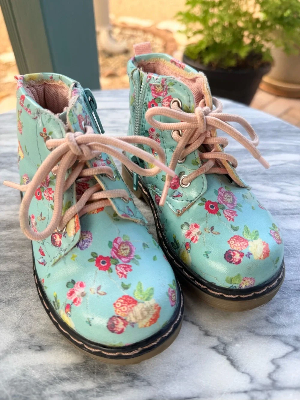 UK Brand Mint Floral Lace-Up Toddler Girls Combat Boots